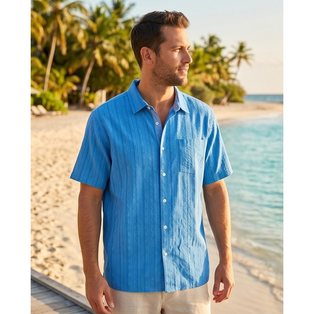 Tommy Bahama XXL Salt Island Stripe 100% Silk Shirt‎ Deep Topaz Blue NWT RV $118